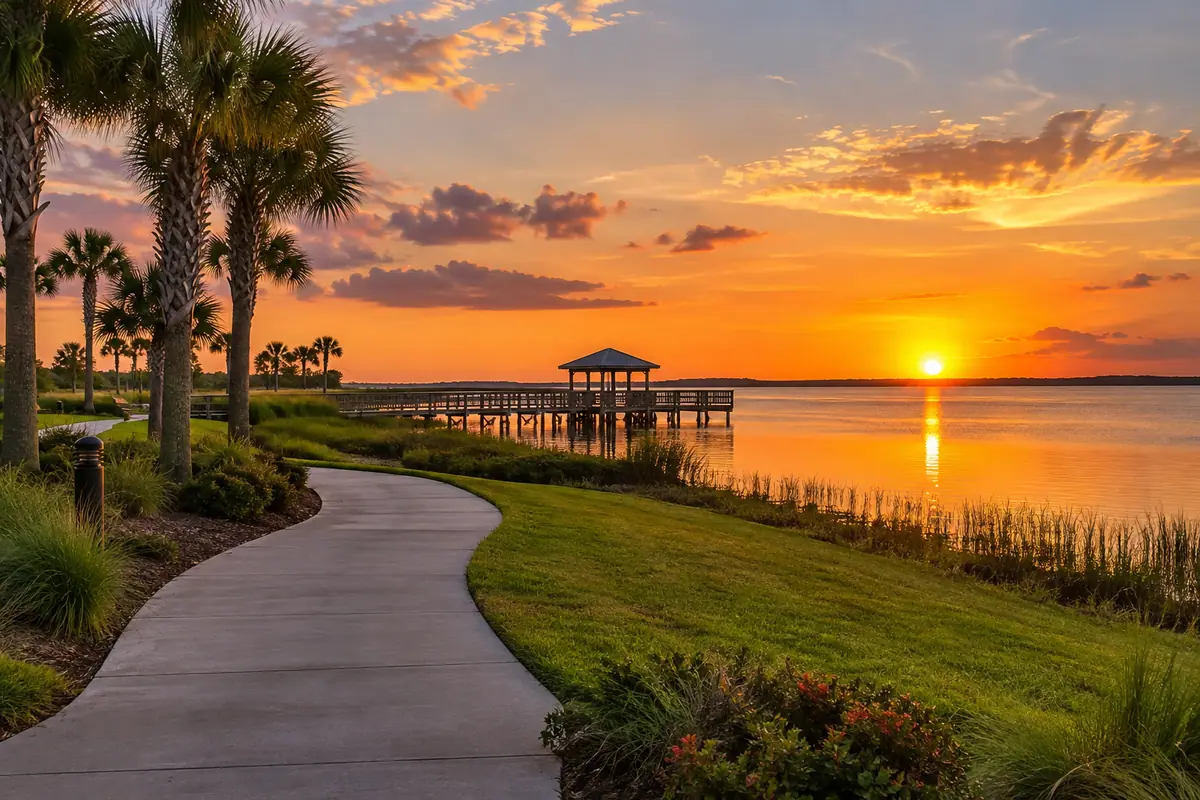 Photoreal travel-editorial view of Kissimmee Lakefront Park in Kissimmee, Florida