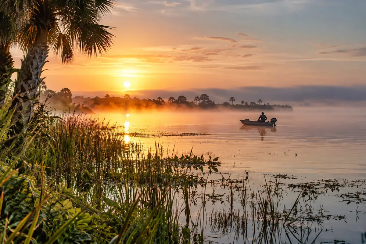 Photoreal travel-editorial view of Lake Tohopekaliga in Kissimmee, Florida