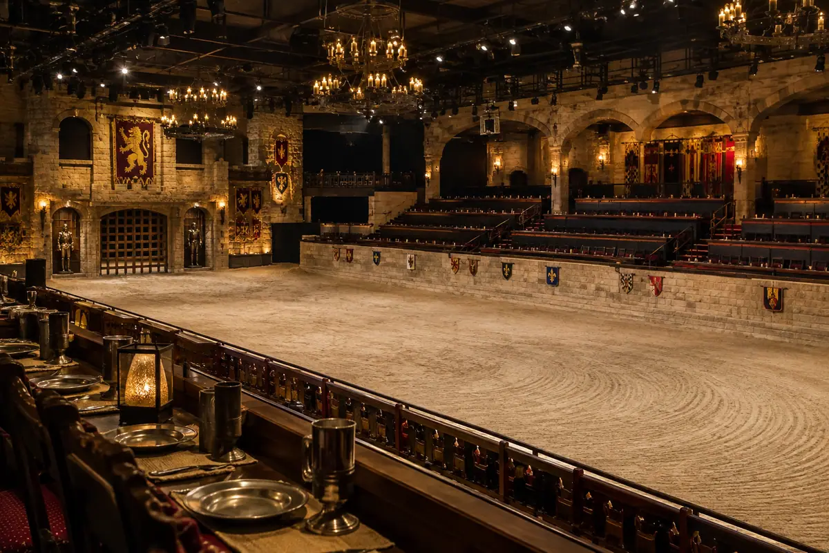 Photoreal travel-editorial view of Medieval Times Dinner & Tournament in Kissimmee, Florida