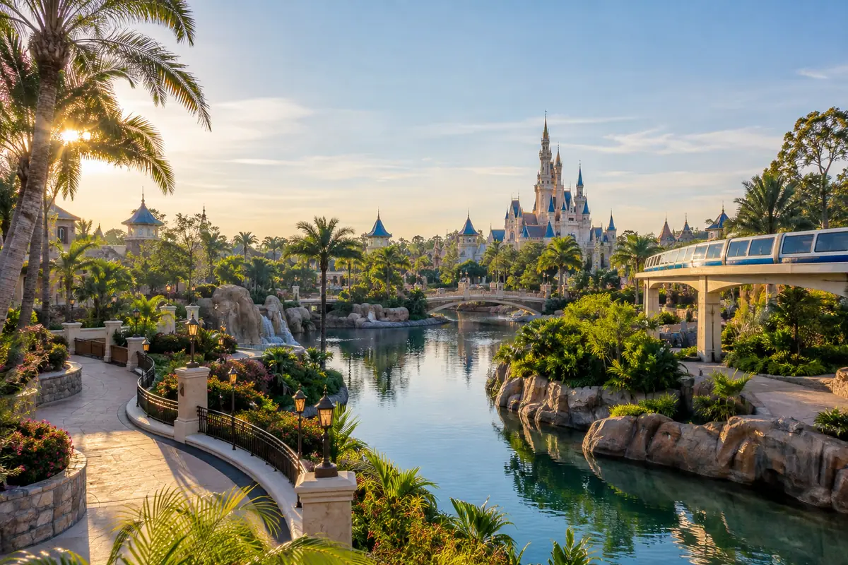 Photoreal travel-editorial view of Walt Disney World Resort in Kissimmee, Florida