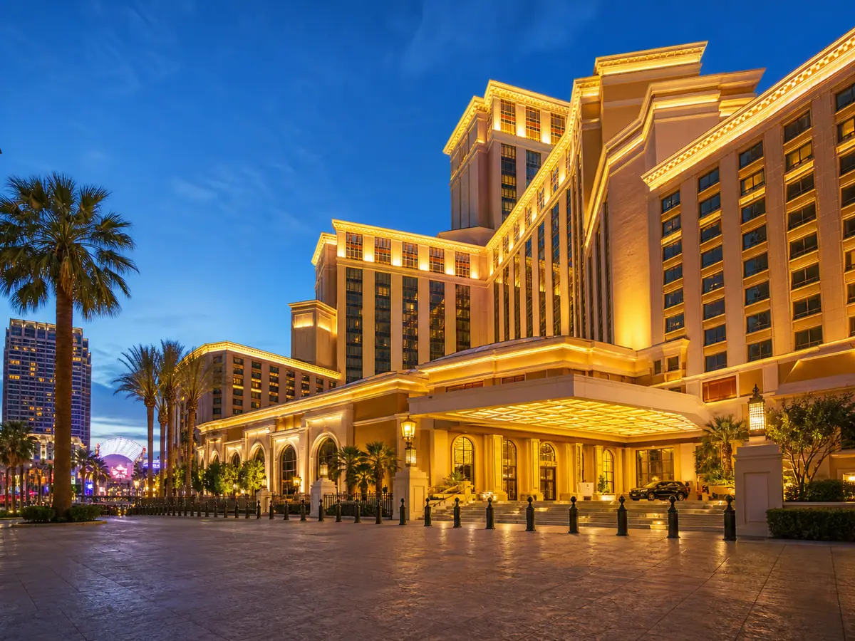 Photoreal exterior of Golden Nugget Las Vegas at blue hour