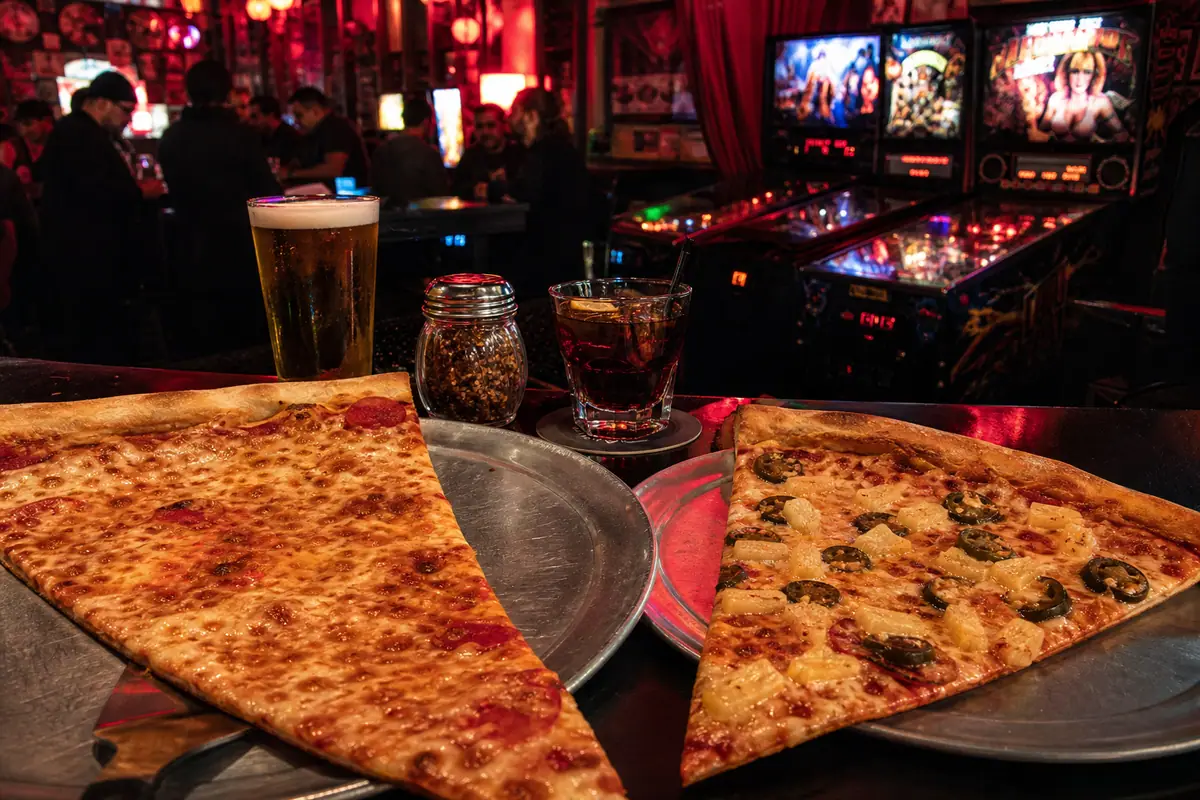 Photoreal Evel Pie late-night pizza scene in Las Vegas