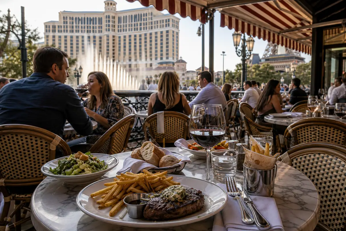 Photoreal Mon Ami Gabi patio dining scene in Las Vegas