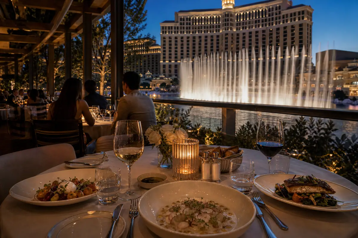 Photoreal Spago Las Vegas terrace dinner near Bellagio fountains