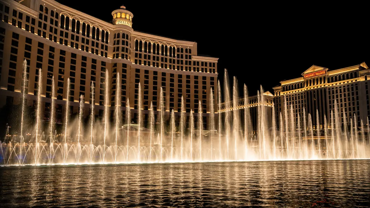 Photoreal Bellagio fountain show at night in Las Vegas