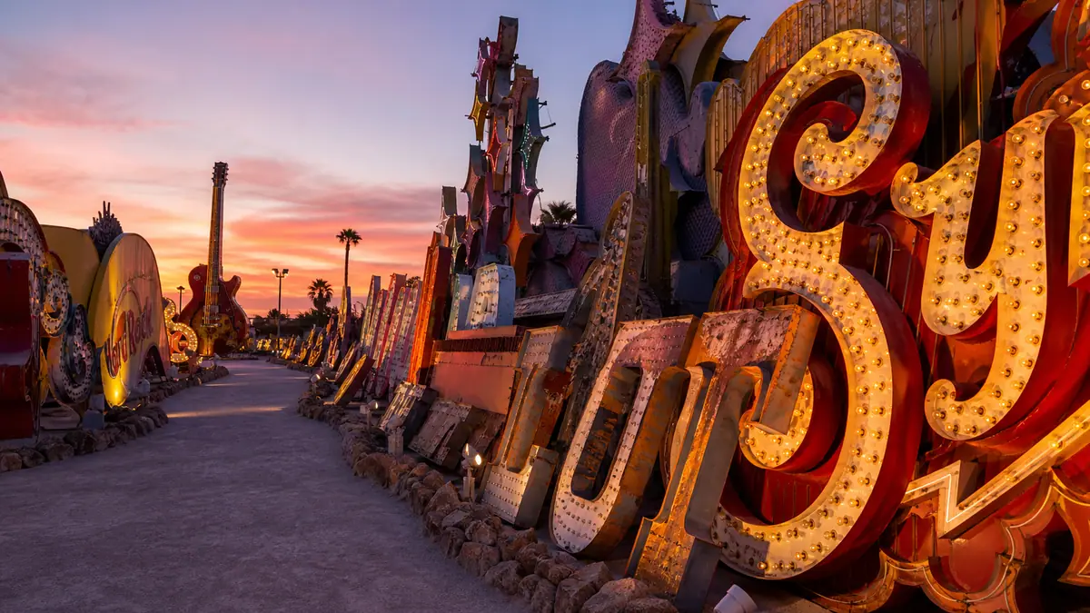 Photoreal Neon Museum at dusk in Las Vegas