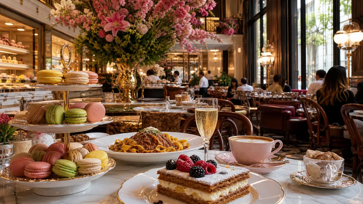 Photoreal Bottega Louie dining and pastry scene in Los Angeles