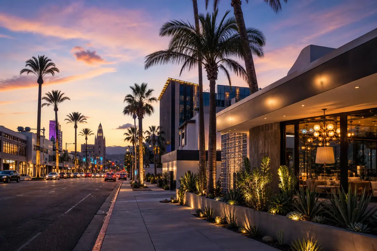 Photoreal stylish Hollywood evening streetscape in Los Angeles