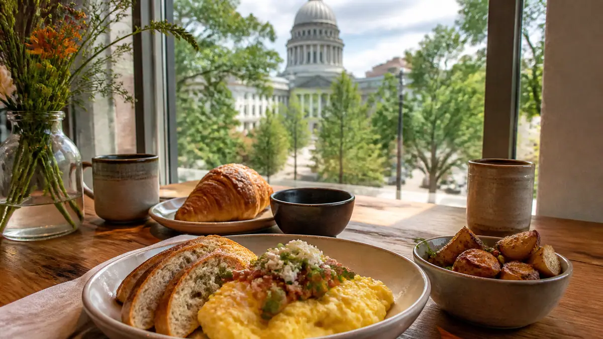 Photoreal travel-editorial view of Marigold Kitchen in Madison, Wisconsin