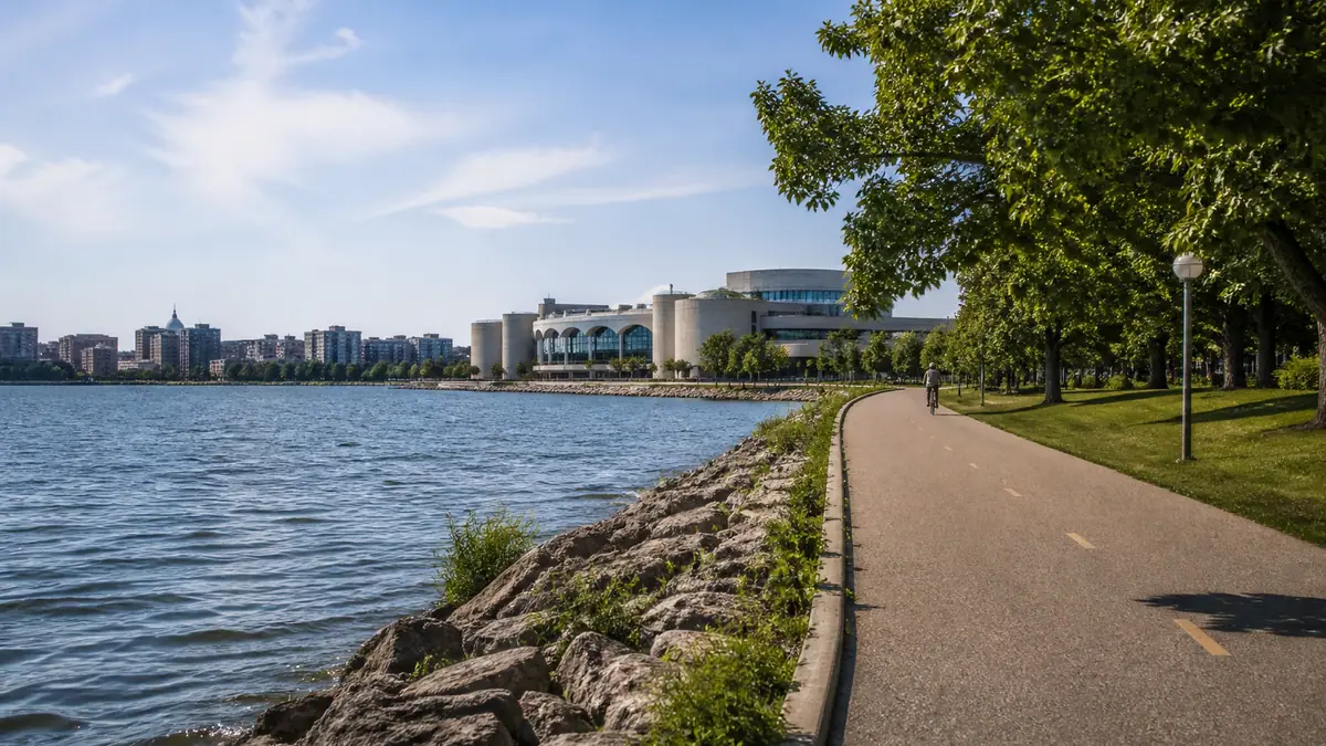 Photoreal travel-editorial view of Lake Monona Bike Loop in Madison, Wisconsin