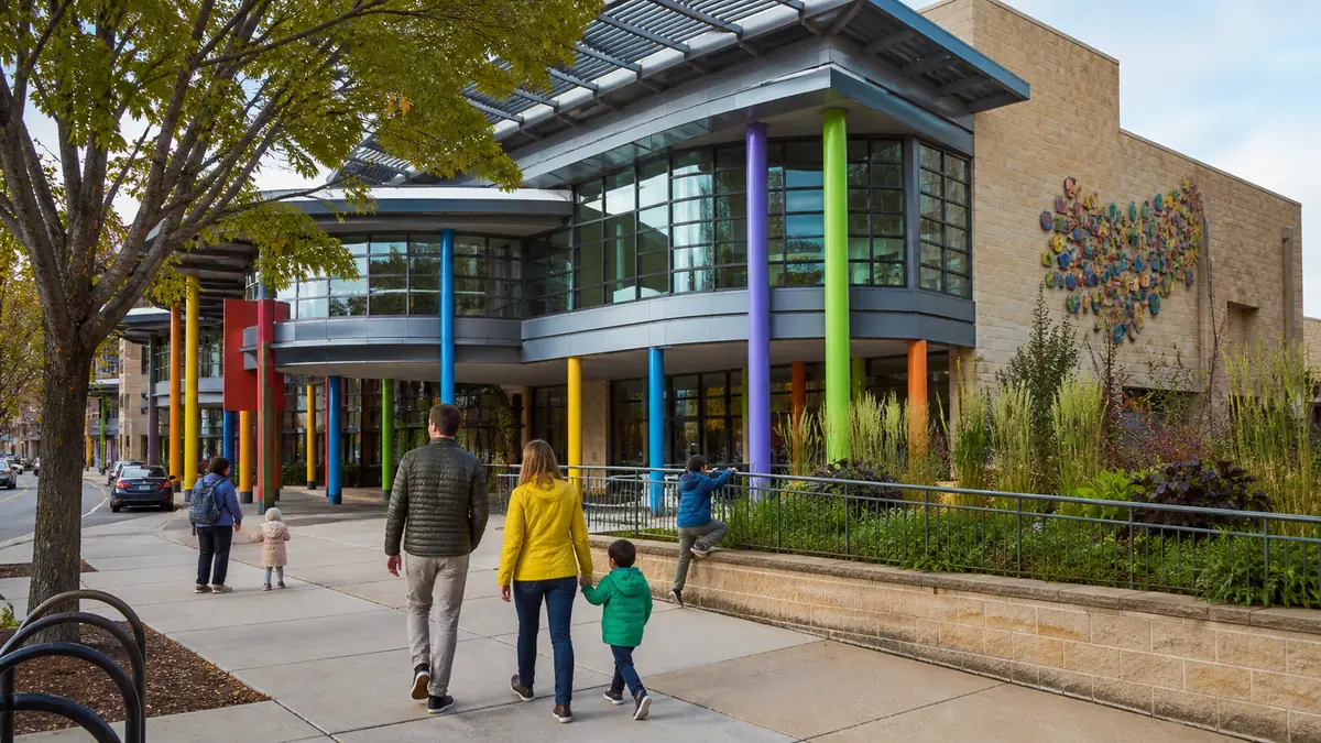 Photoreal travel-editorial view of Madison Children's Museum in Madison, Wisconsin
