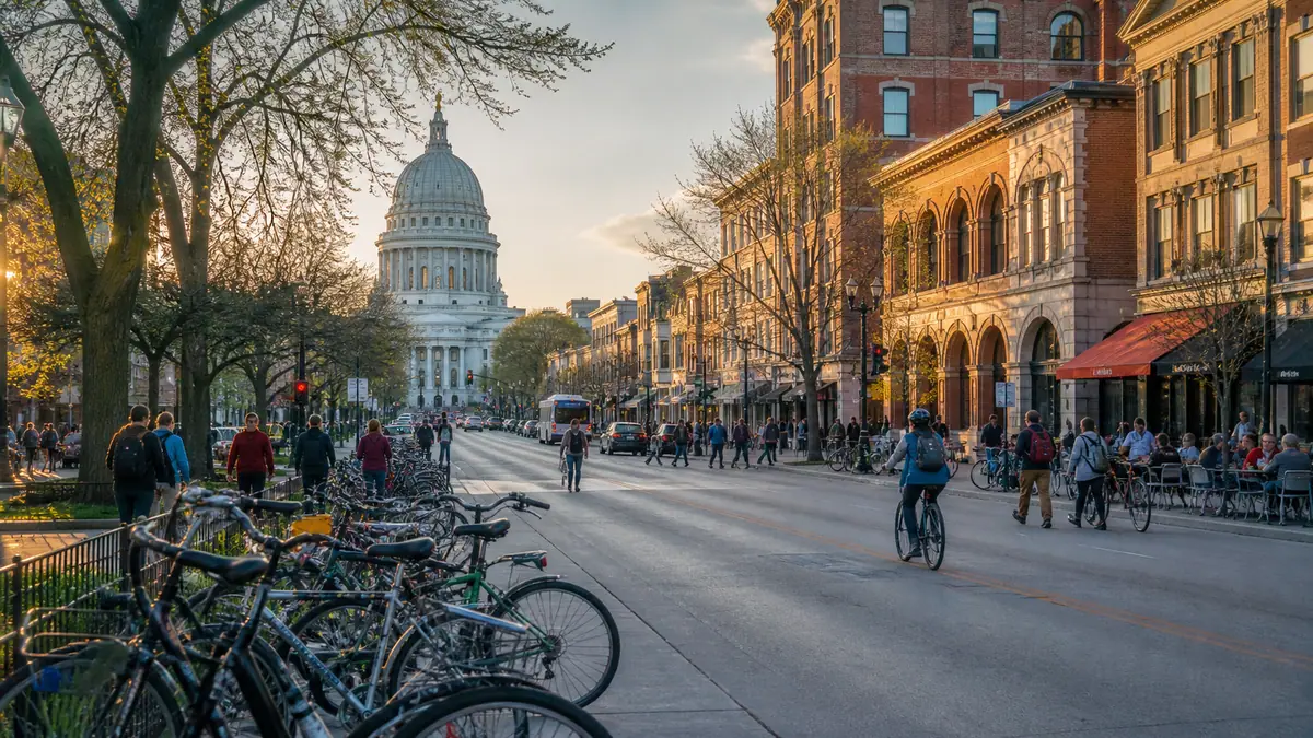 Photoreal travel-editorial view of State Street and the UW Campus Walk in Madison, Wisconsin