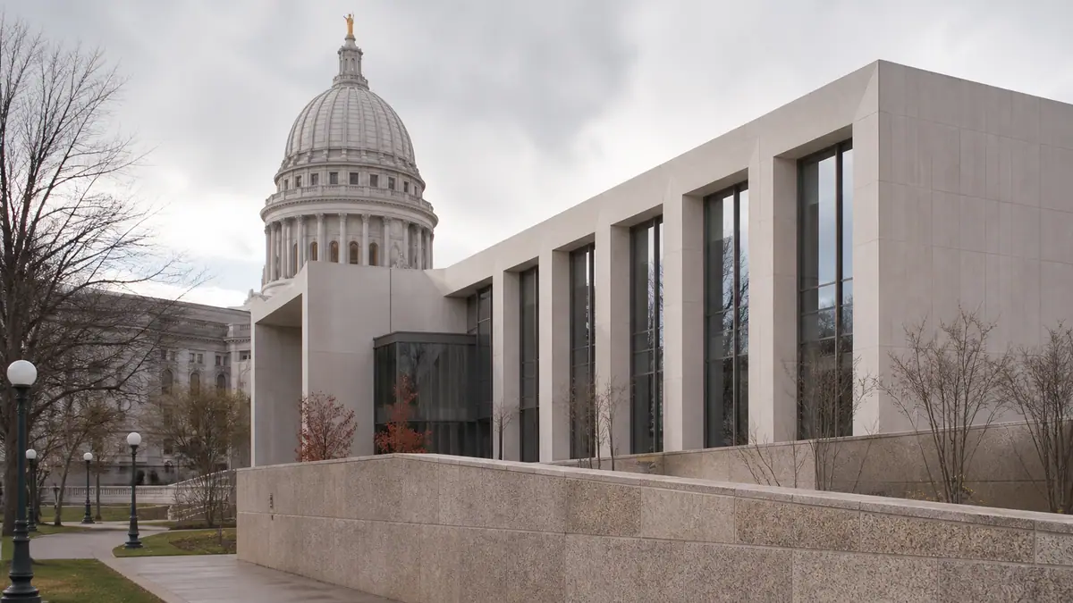 Photoreal travel-editorial view of Wisconsin Veterans Museum in Madison, Wisconsin