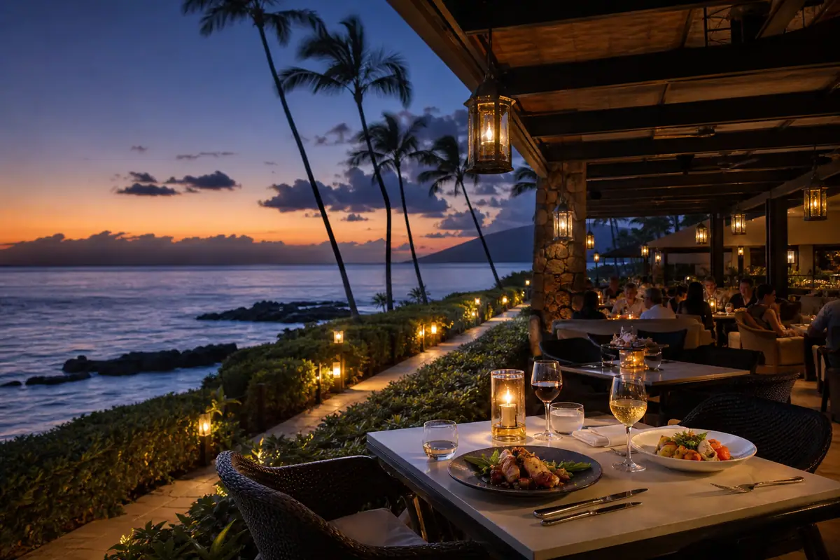 Photoreal oceanfront dinner scene representing Ferraro's Restaurant & Bar on Maui