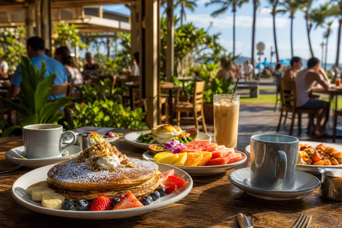 Photoreal breakfast scene representing Kihei Caffe on Maui