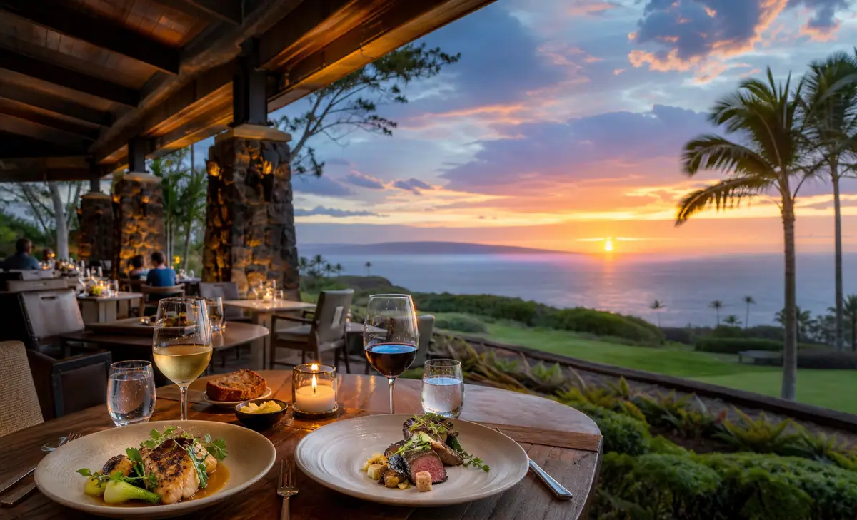 Photoreal sunset dinner scene representing Merriman's Kapalua on Maui