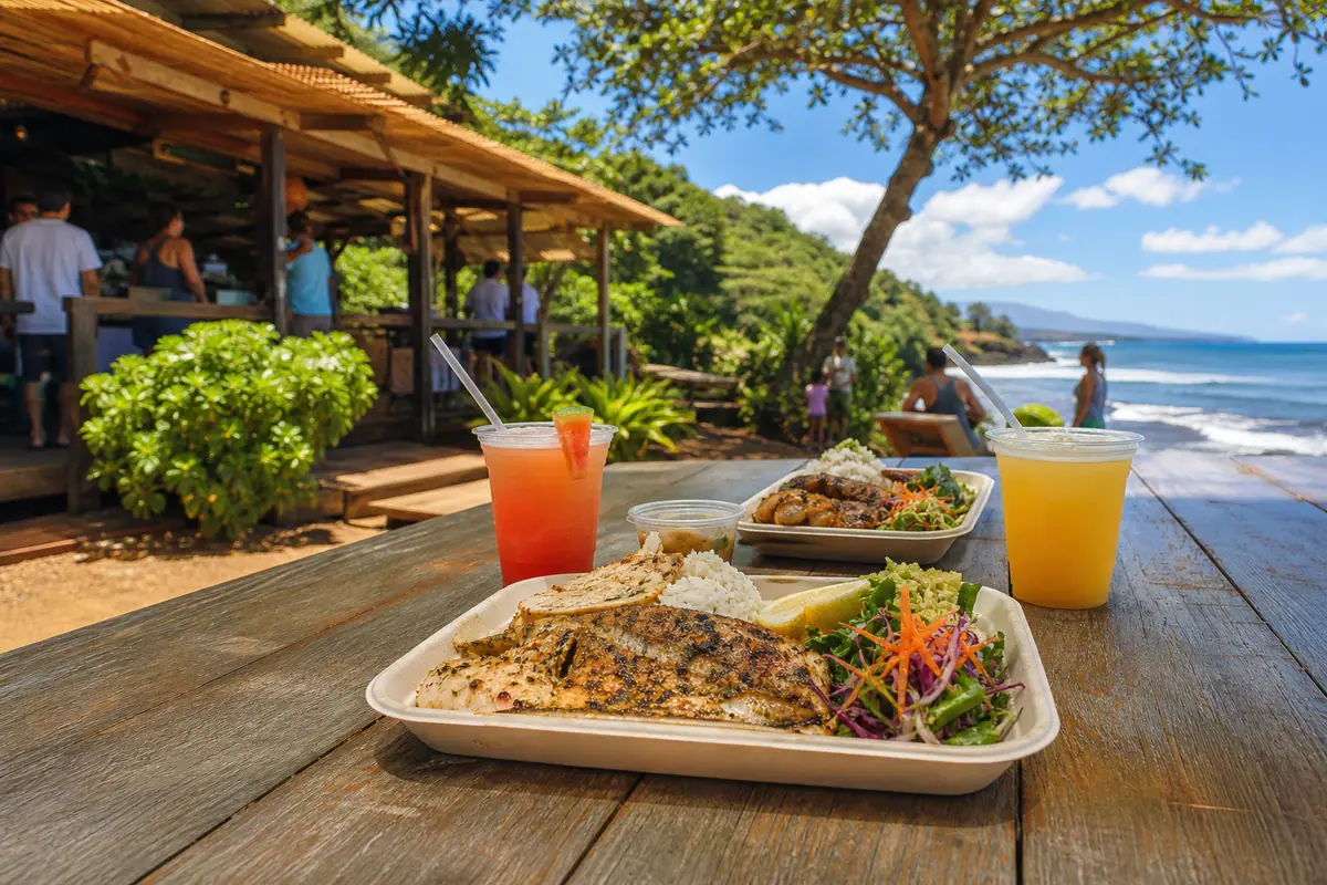 Photoreal lunch scene representing South Maui Fish Company
