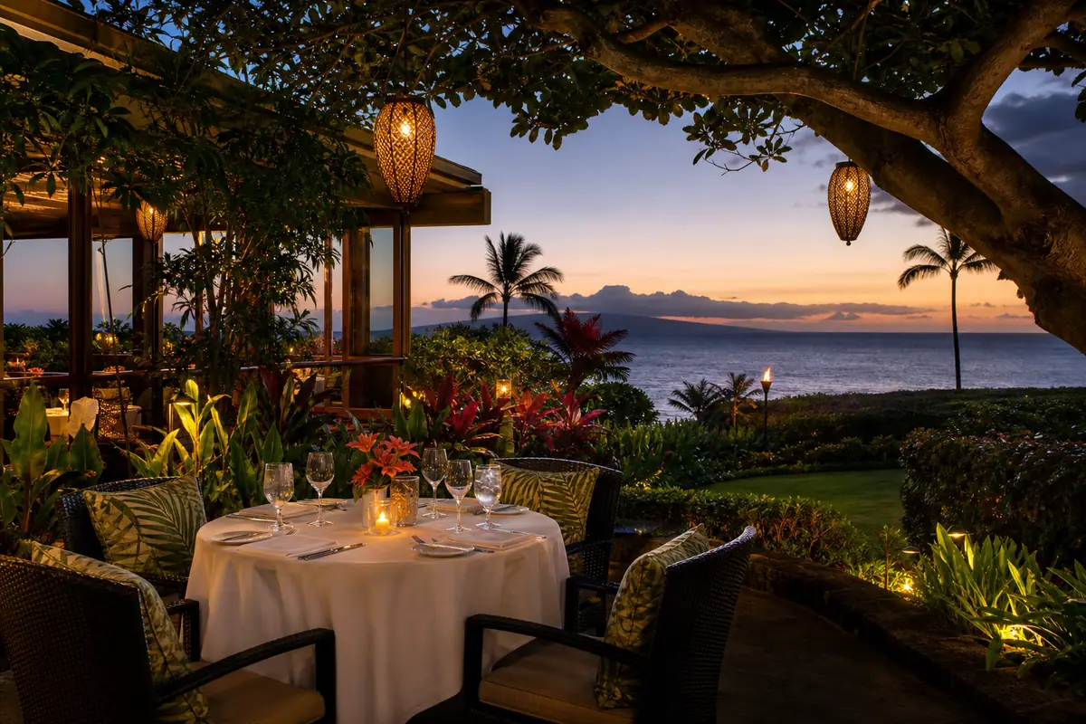 Photoreal refined dinner scene representing The Restaurant at Hotel Wailea on Maui
