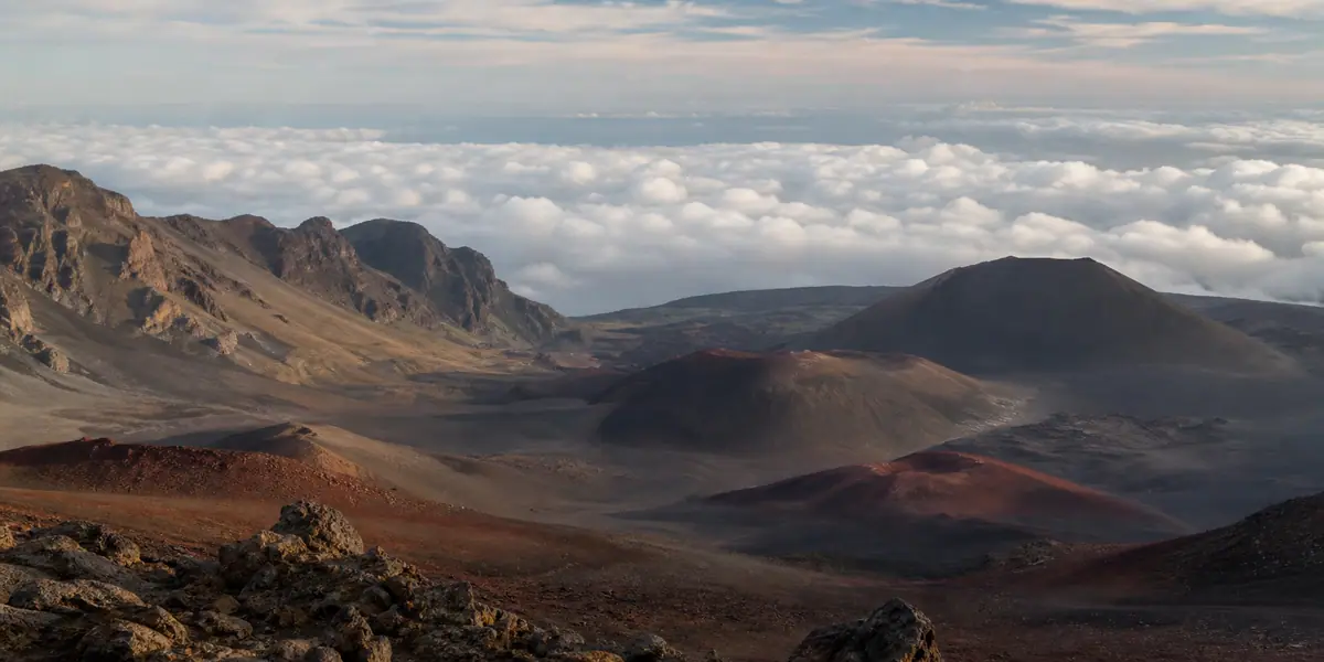 Photoreal Haleakala summit crater overlook on Maui in early light