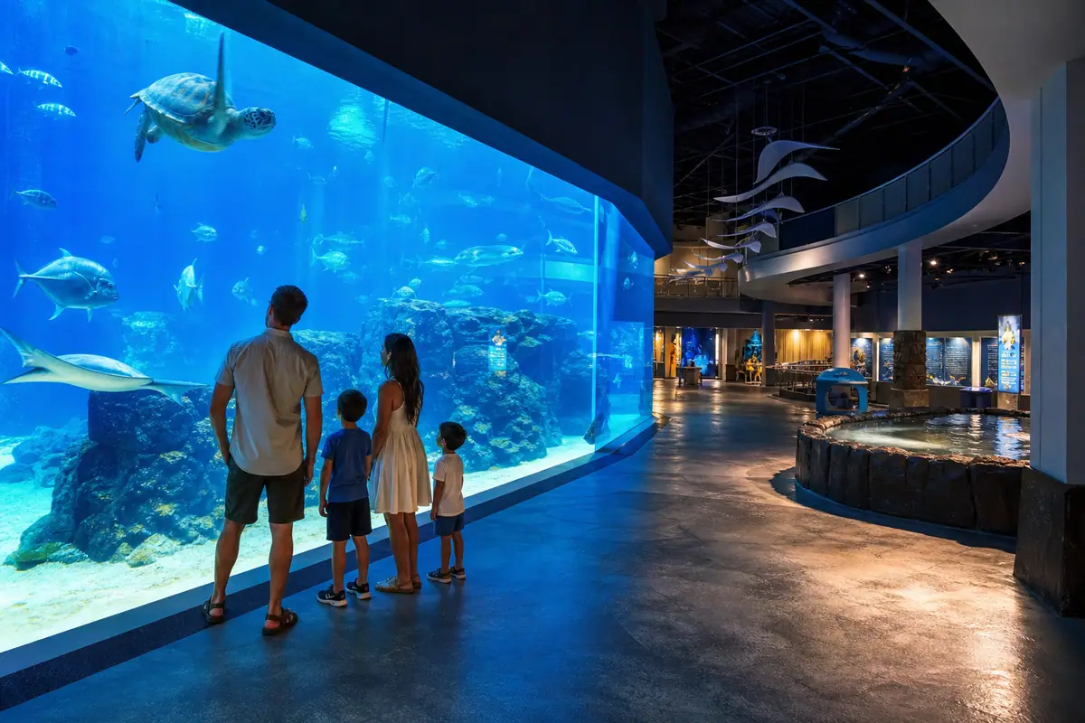 Photoreal Maui Ocean Center aquarium promenade scene