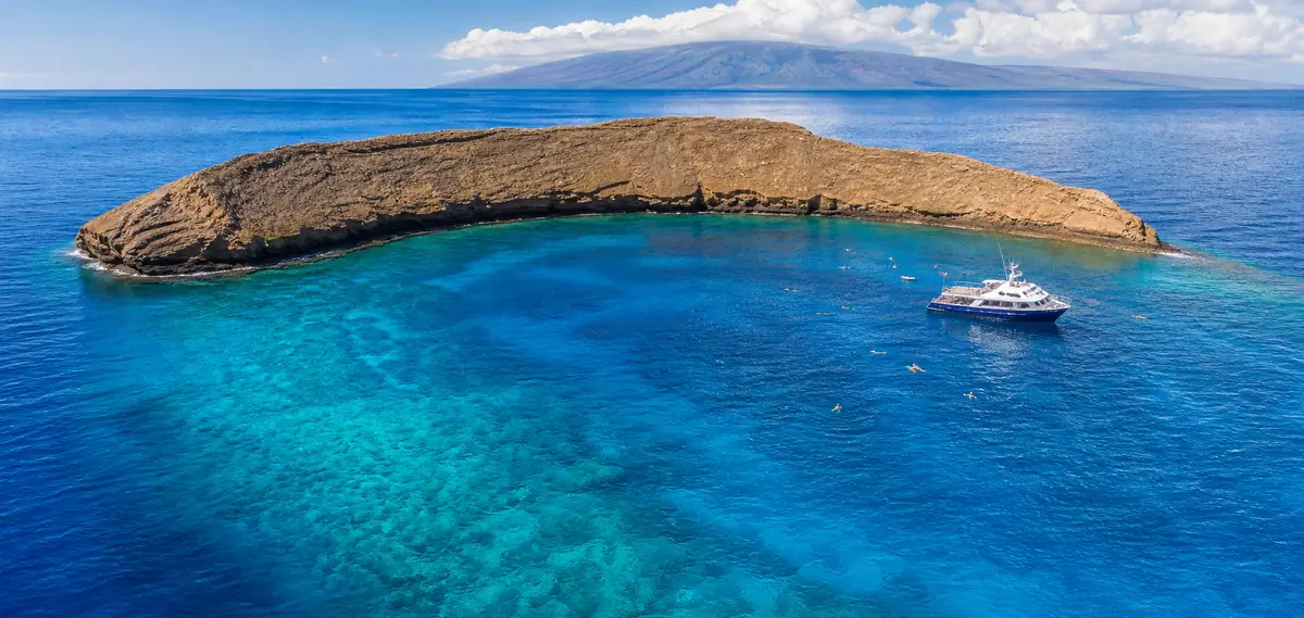 Photoreal Molokini Crater snorkeling boat scene off Maui