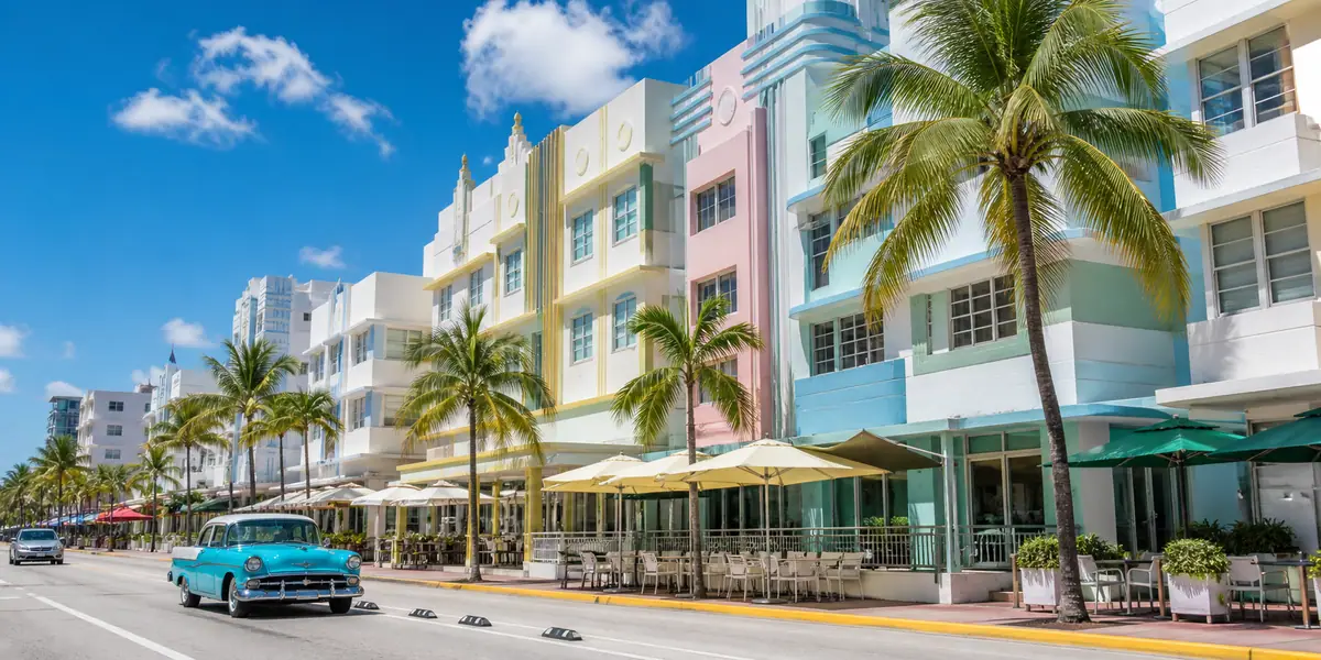 Photoreal Art Deco Historic District streetscape in Miami Beach under bright daylight