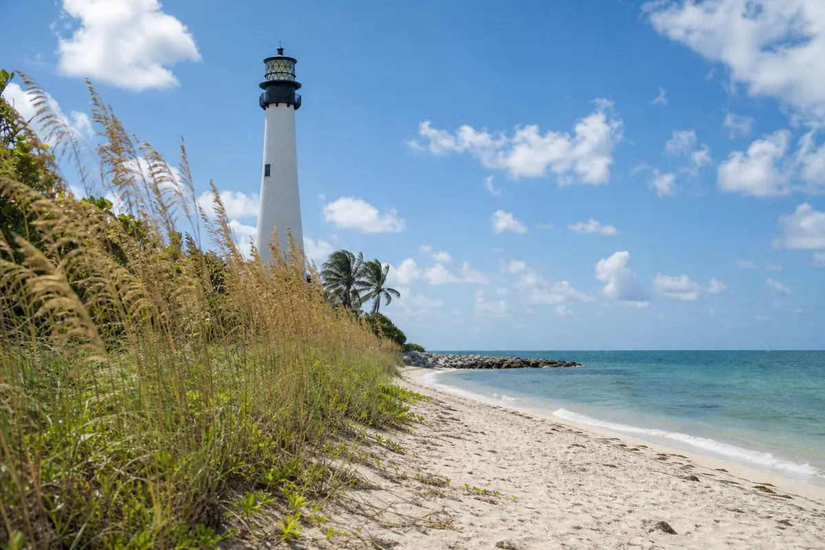 Photoreal Bill Baggs Cape Florida State Park beach and lighthouse scene in Miami daylight