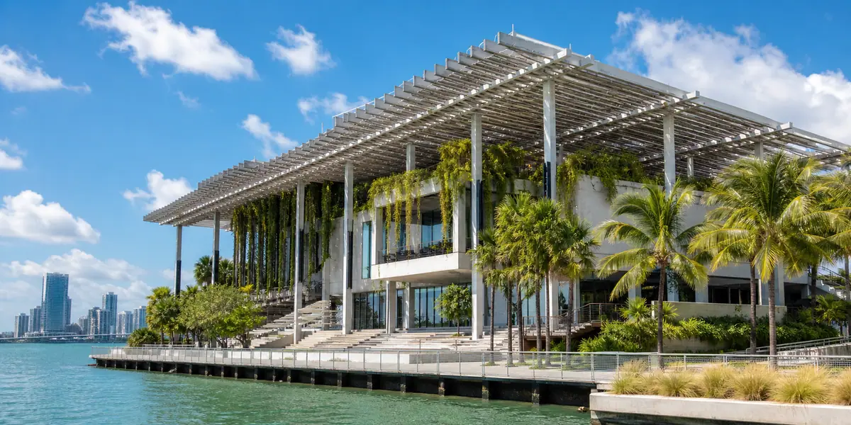 Photoreal Perez Art Museum Miami bayfront museum scene in daylight