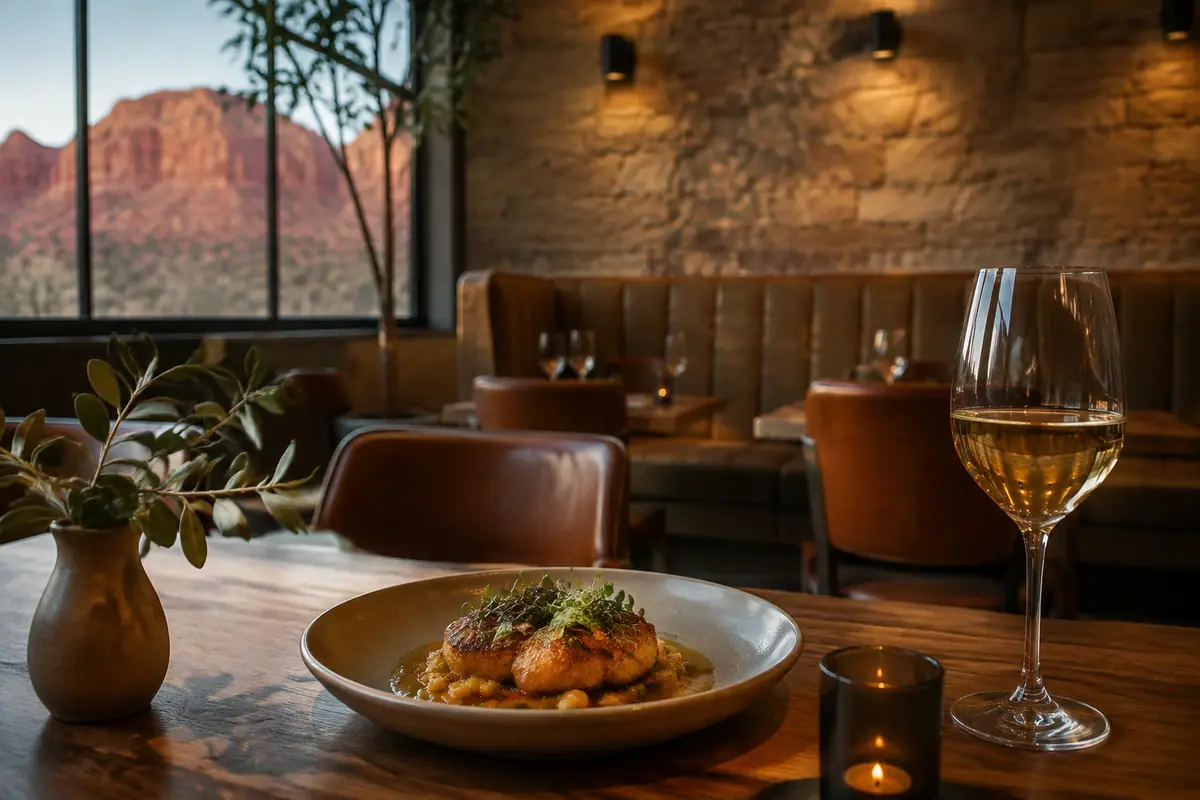 Photoreal travel-editorial view of Desert Bistro in Moab, Utah