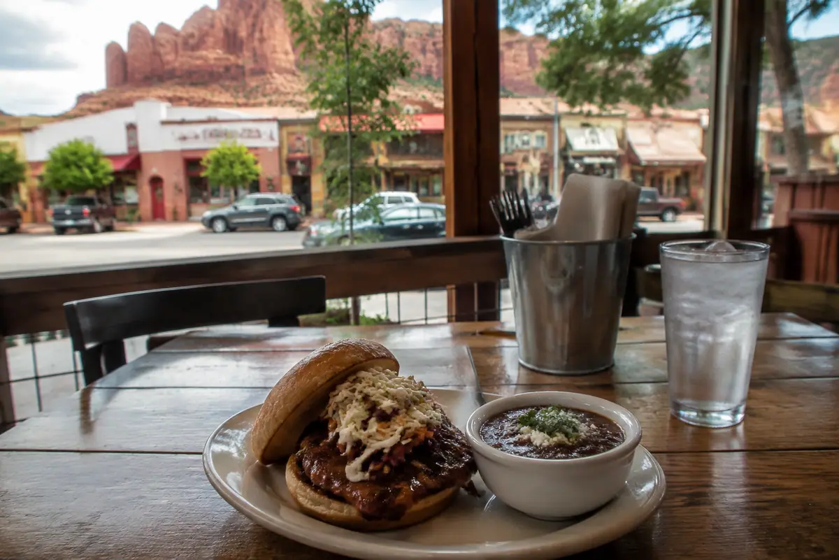 Photoreal travel-editorial view of Dewey's Restaurant and Bar in Moab, Utah