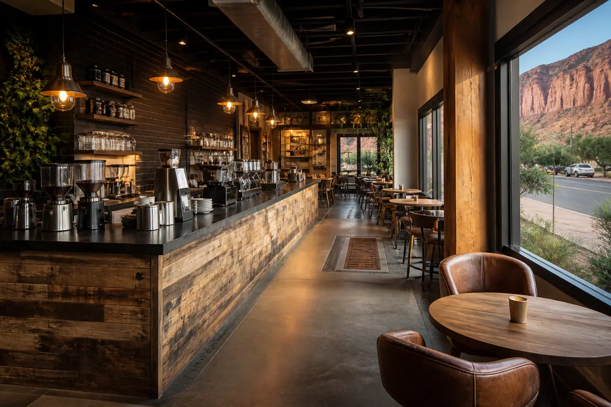 Photoreal travel-editorial view of Moab Coffee Roasters in Moab, Utah