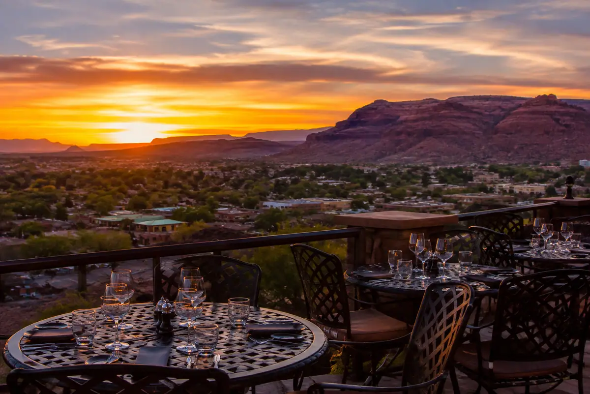 Photoreal travel-editorial view of Sunset Grill in Moab, Utah
