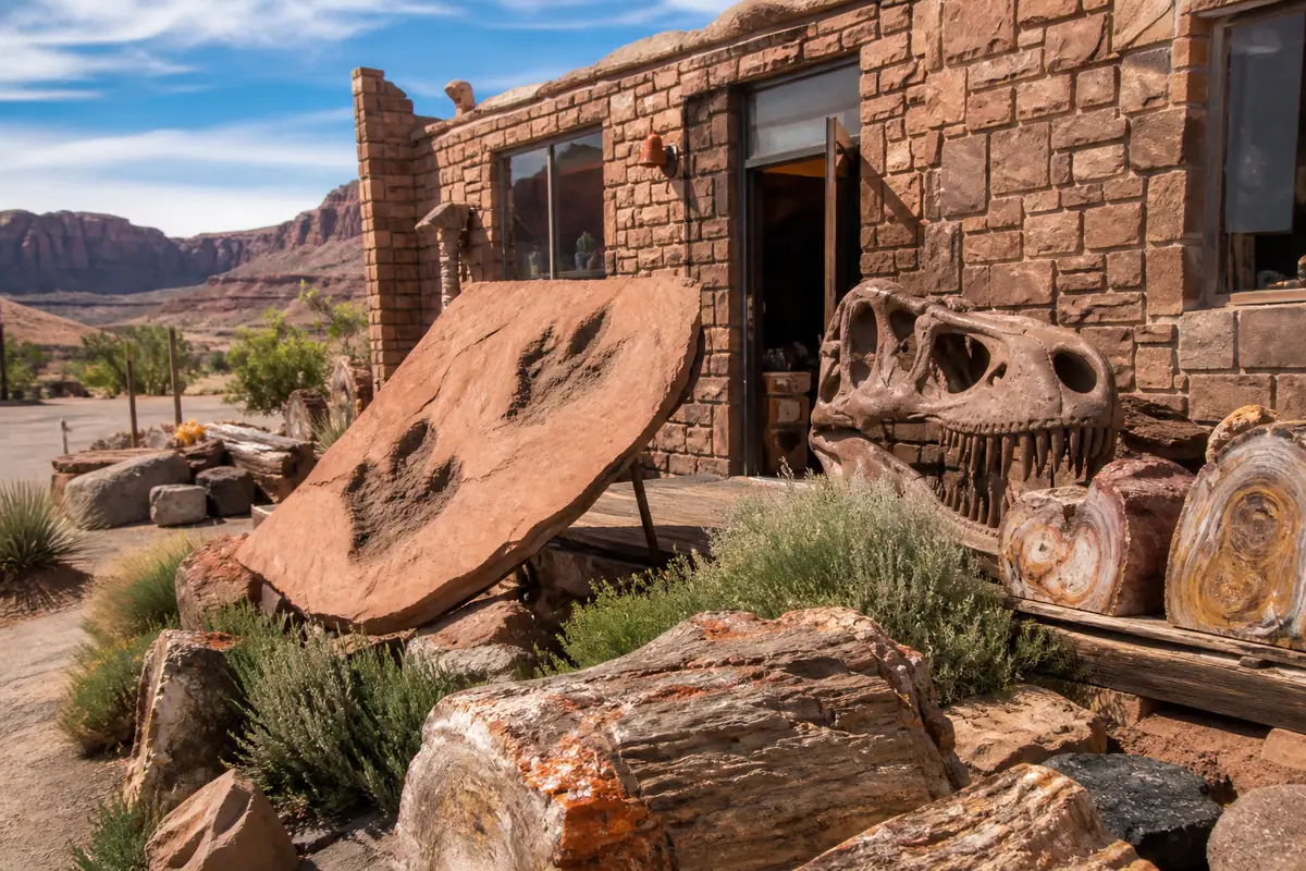 Photoreal travel-editorial view of Moab Rock Shop and Dinosaur Tracks Museum in Moab, Utah