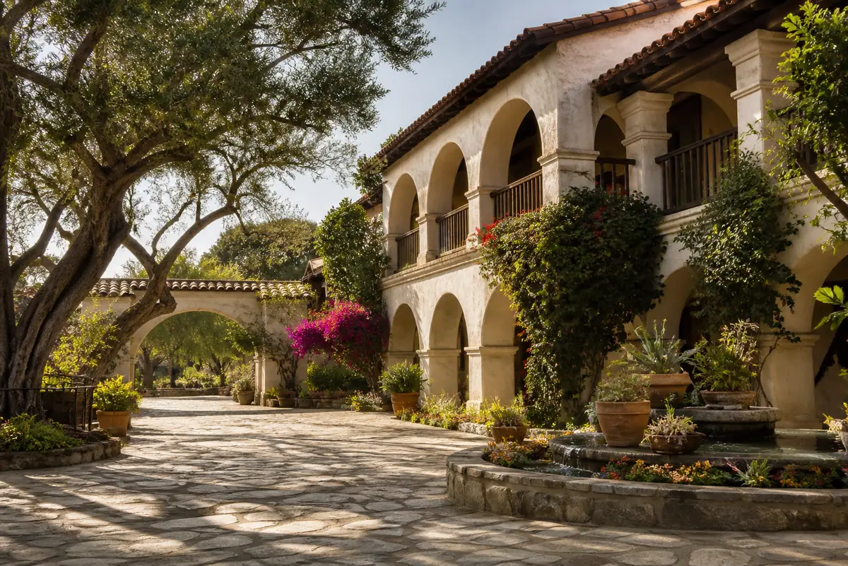 Photoreal exterior of Carmel Mission Inn in Monterey