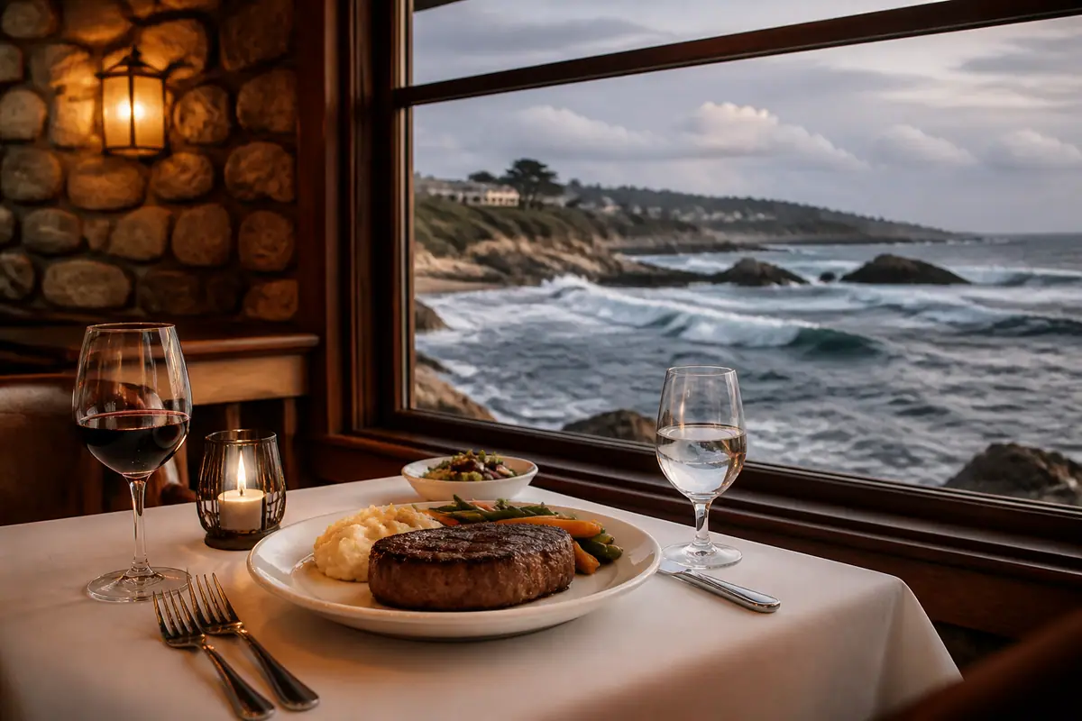 Photoreal dining scene representing Whaling Station Steakhouse in Monterey