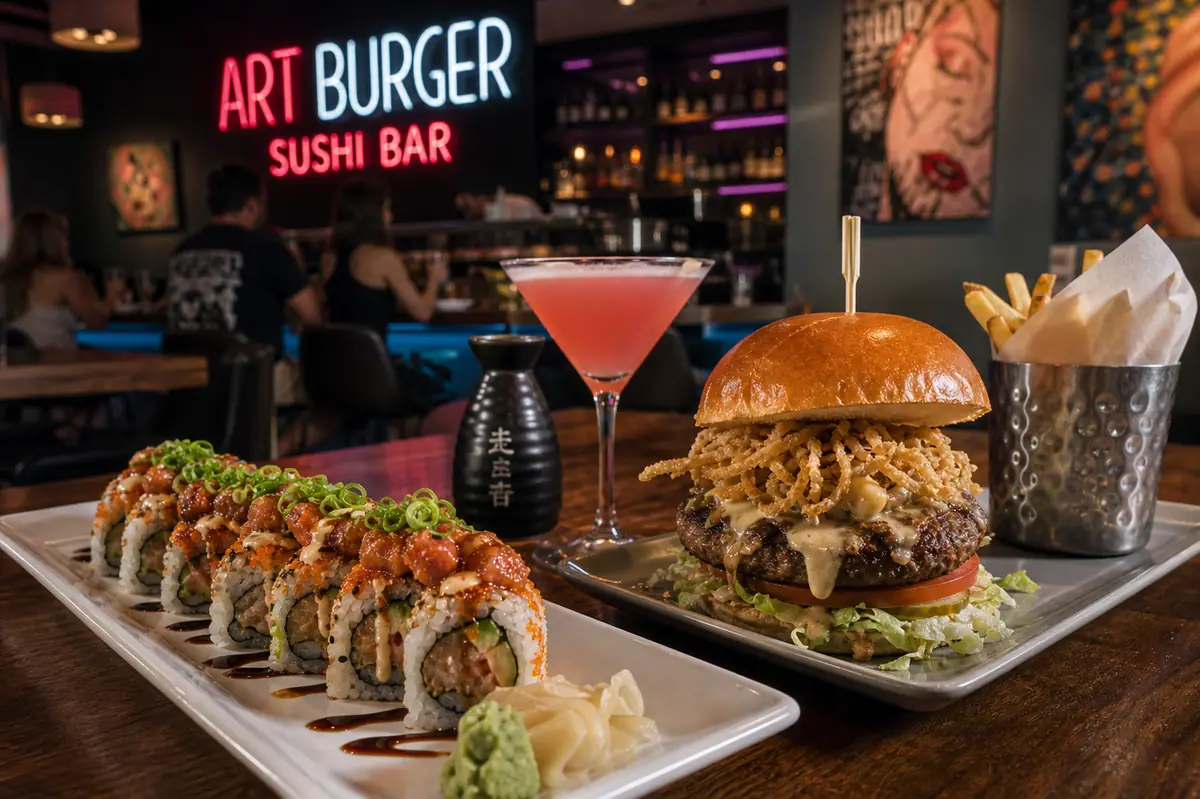 Photoreal burger and sushi spread representing Art Burger Sushi Bar in Myrtle Beach