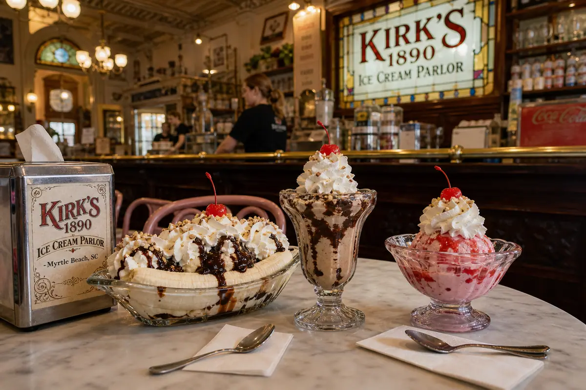 Photoreal sundae scene representing Kirk's 1890 Ice Cream Parlor in Myrtle Beach