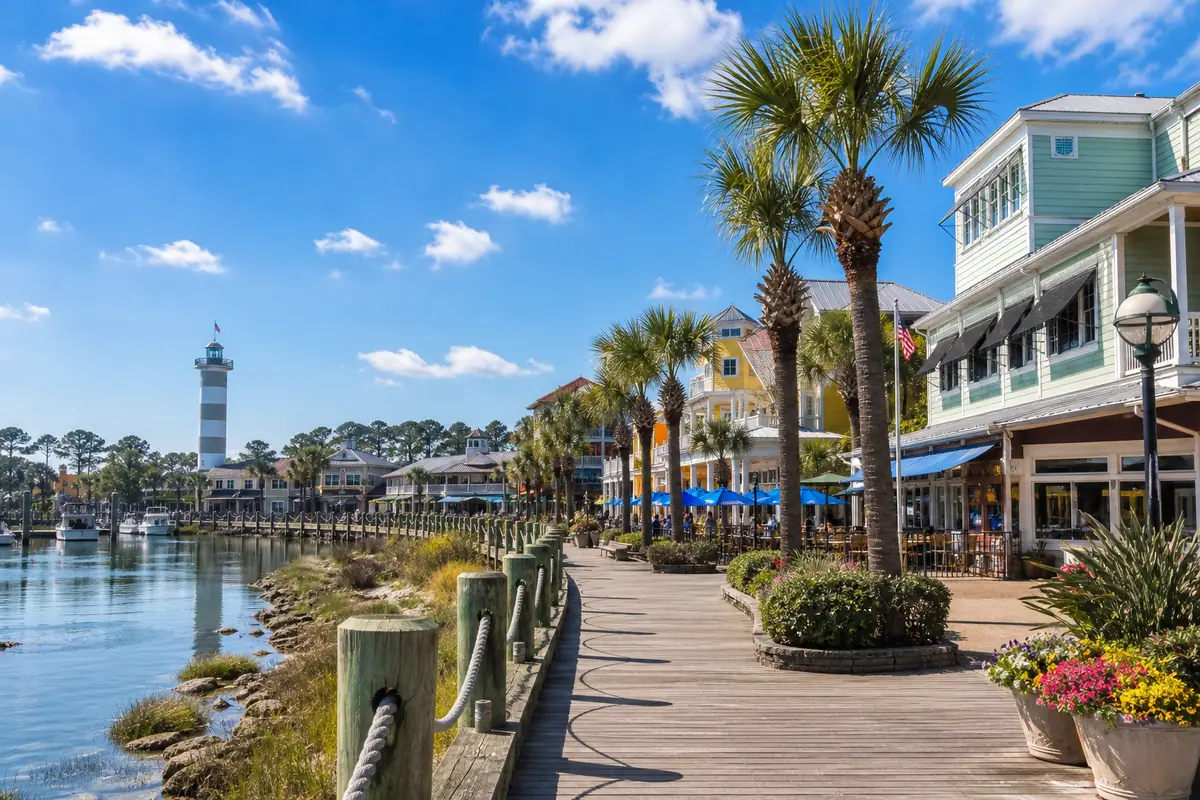 Photoreal Barefoot Landing style waterfront shopping district in Myrtle Beach