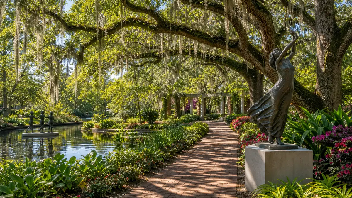 Photoreal Brookgreen Gardens sculpture path with oaks and reflecting water near Myrtle Beach