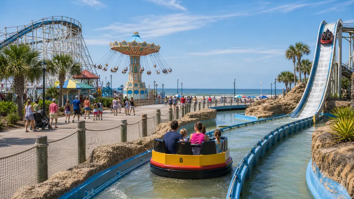 Photoreal Family Kingdom Amusement Park with seaside rides in Myrtle Beach under bright summer light