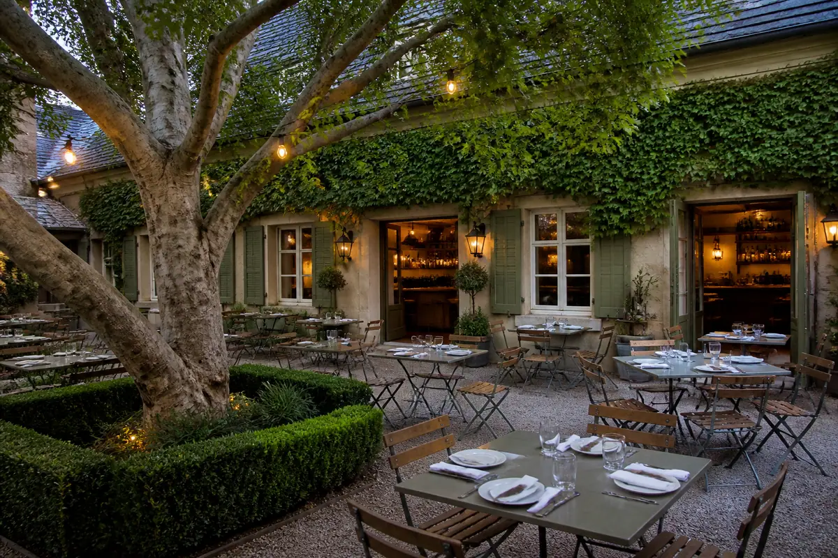 Photoreal travel-editorial view of Bistro Jeanty in Napa Valley, California