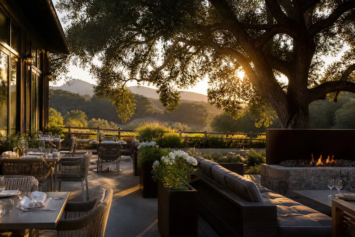 Photoreal travel-editorial view of Farmstead at Long Meadow Ranch in Napa Valley, California