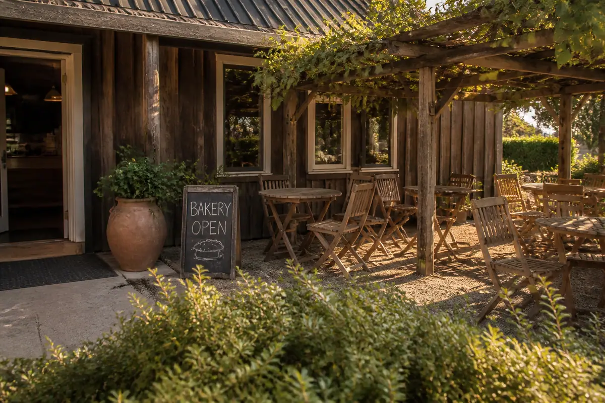 Photoreal travel-editorial view of Model Bakery in Napa Valley, California