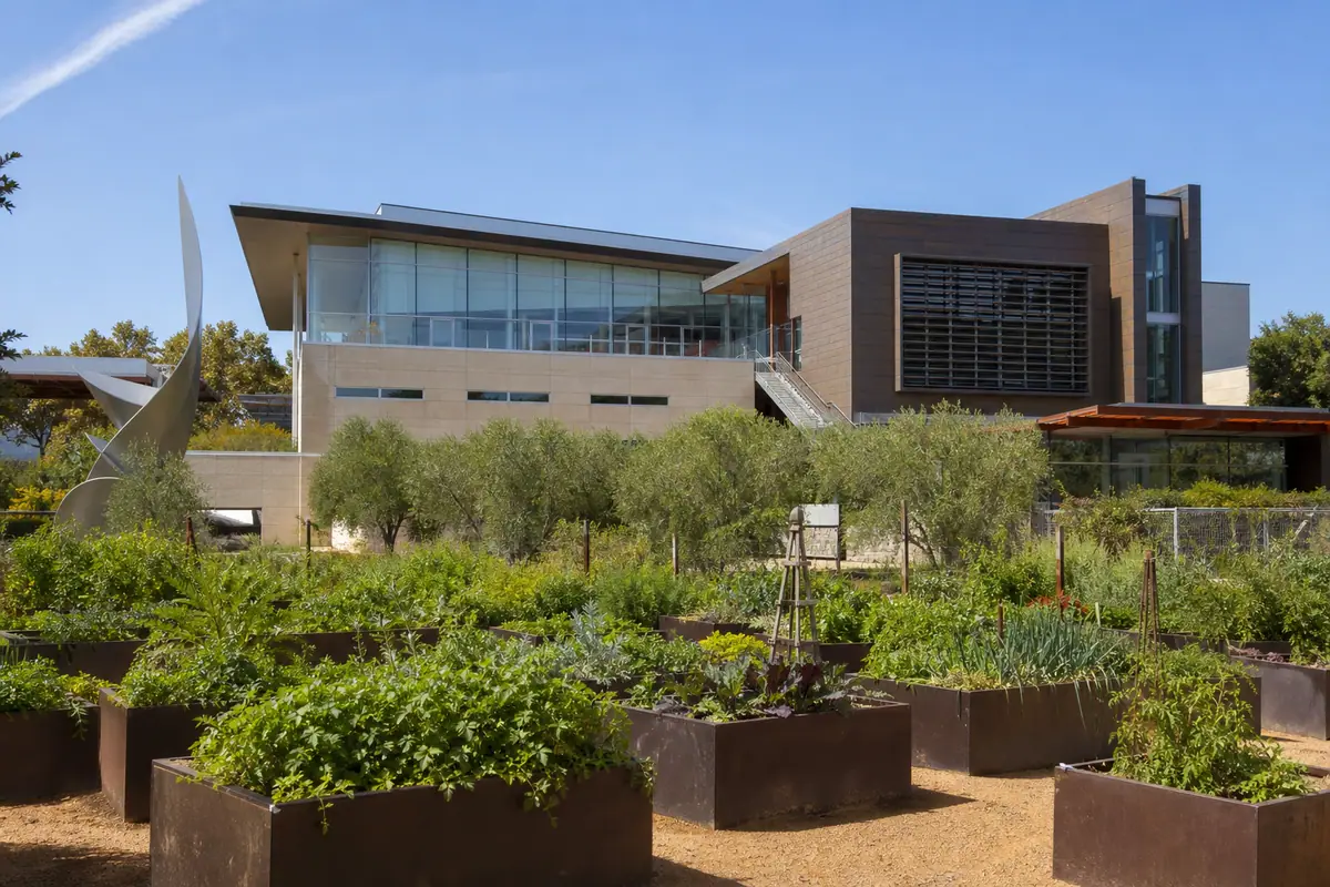 Photoreal travel-editorial view of CIA at Copia in Napa Valley, California