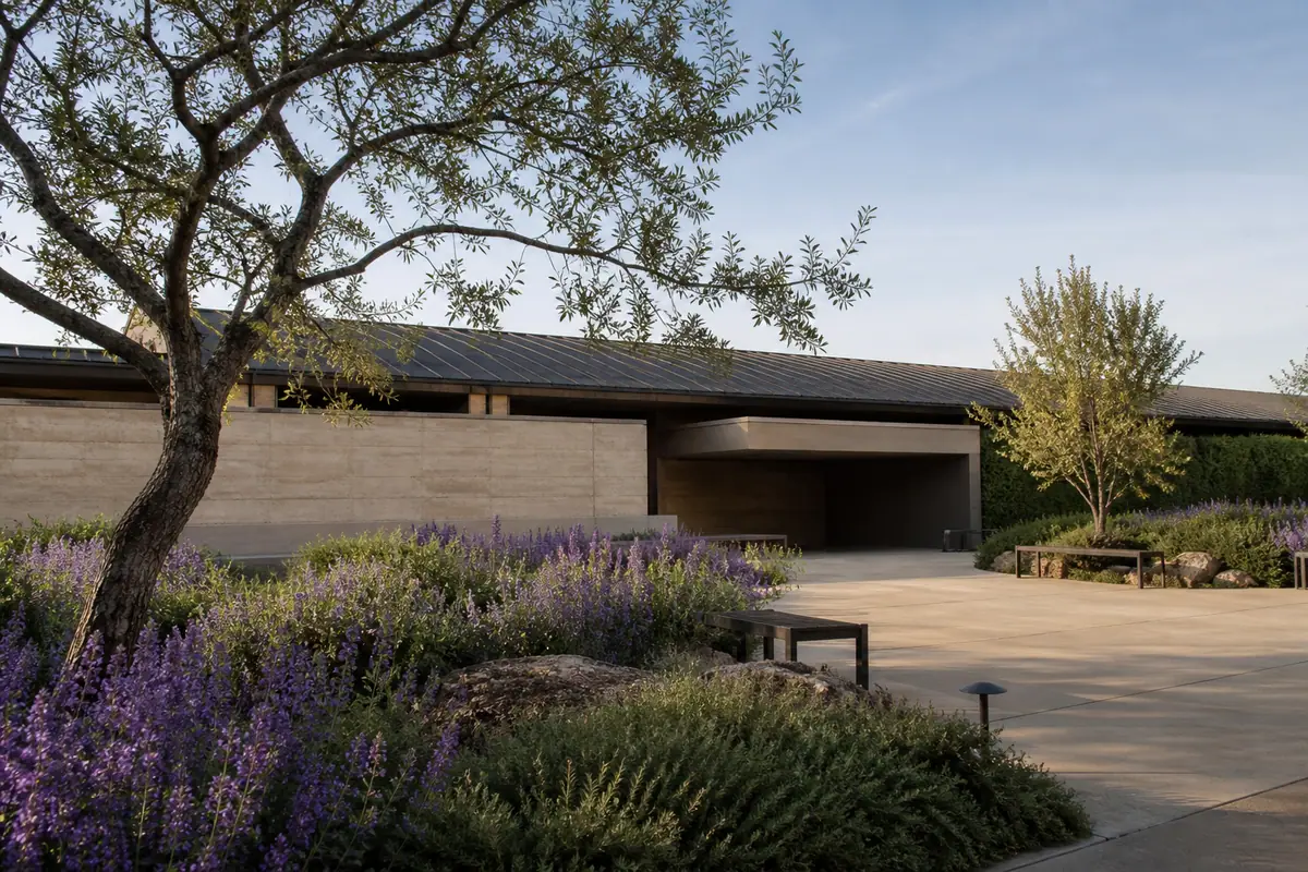 Photoreal travel-editorial view of Napa Valley Museum in Napa Valley, California