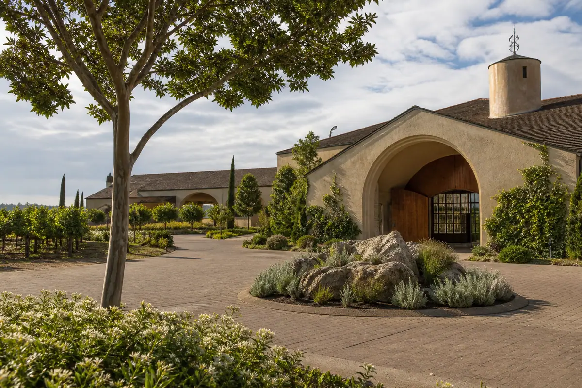 Photoreal travel-editorial view of Robert Mondavi Winery in Napa Valley, California