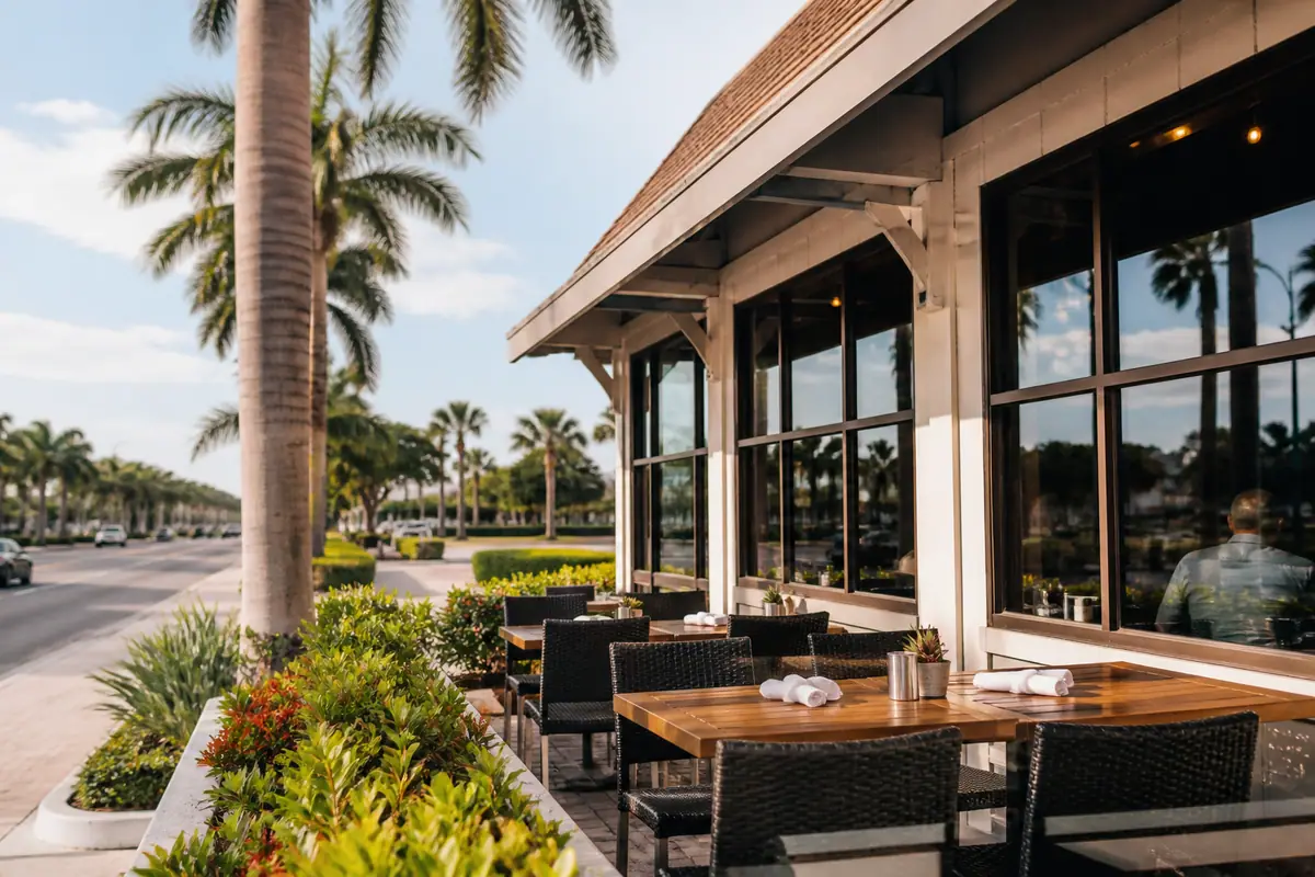 Photoreal travel-editorial view of First Watch Naples in Naples, Florida