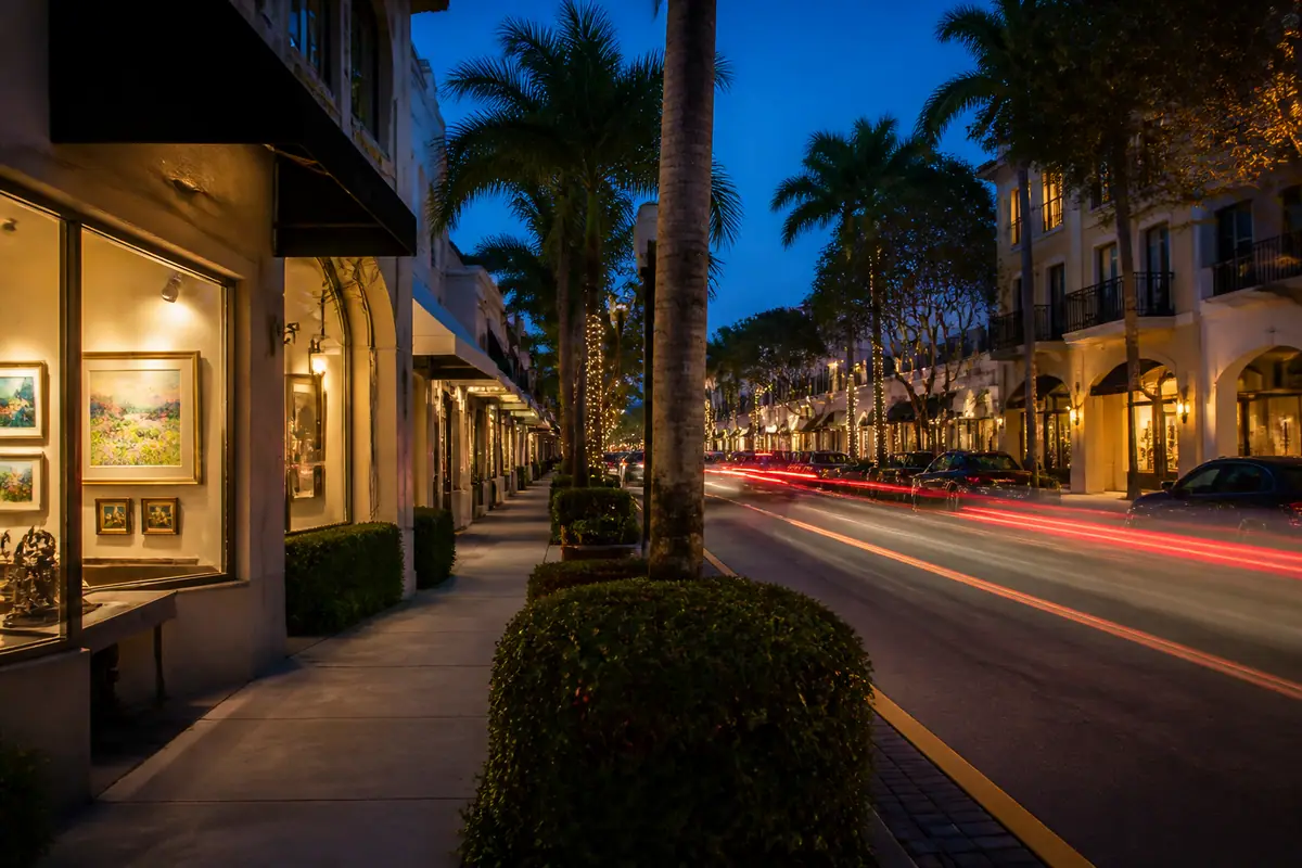 Photoreal travel-editorial view of Fifth Avenue South Evening in Naples, Florida