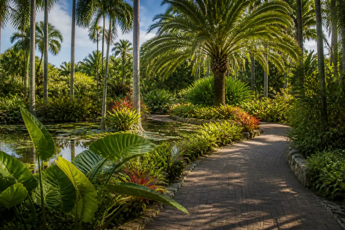 Photoreal travel-editorial view of Naples Botanical Garden in Naples, Florida