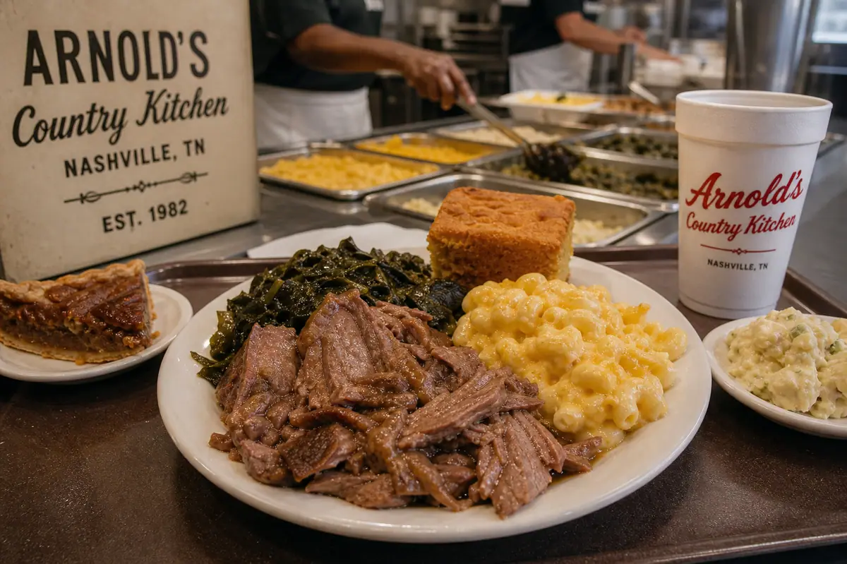Photoreal meat-and-three plate representing Arnold's Country Kitchen in Nashville
